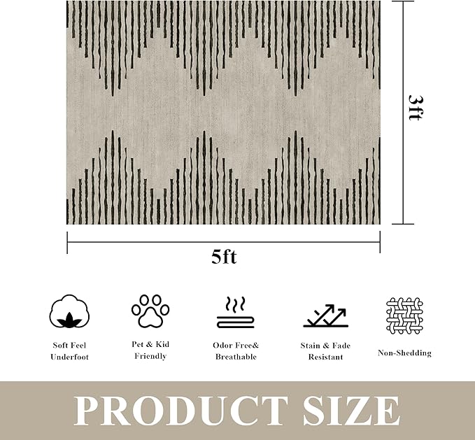 HelloTree Area Rug 3x5 Geometric Rug,Washable Modern Neutral Stain Resistant Indoor Carpet Boho Living Room Moroccan Rugs Fluffy Rug for Living Room Bedside Room Decor for Family-Cream