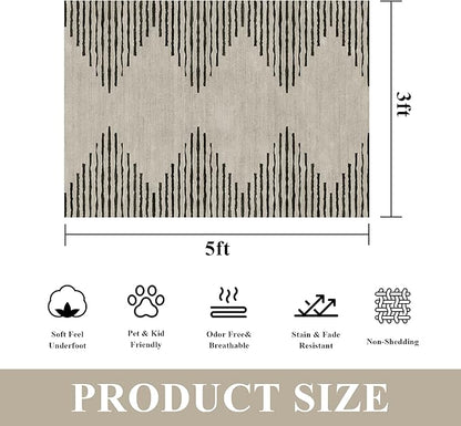 HelloTree Area Rug 3x5 Geometric Rug,Washable Modern Neutral Stain Resistant Indoor Carpet Boho Living Room Moroccan Rugs Fluffy Rug for Living Room Bedside Room Decor for Family-Cream