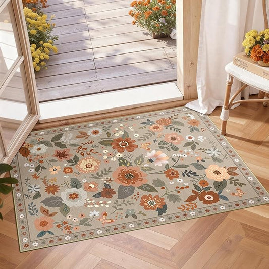 Floral 2x3 Area Rug Machine Washable Soft Print Boho Carpet Non Slip Doormat Low Pile Flower Area Rugs for Living Room Bedroom Nursery Kitchen Dining Room Indoor-Brown/Brick