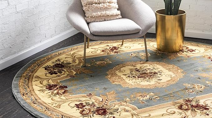 Rugs.com Chateau Collection Rug – 7' Round Light Blue Medium Rug Perfect for Kitchens, Dining Rooms