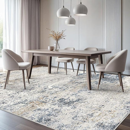 Area Rug Living Room Rugs - 10x12 Large Soft Indoor Neutral Modern Abstract Low Pile Washable Rug Carpet for Bedroom Dining Room Farmhouse Home Office - Beige Blue