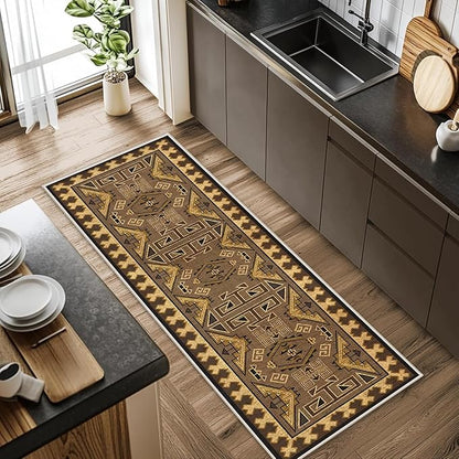 Brown Geometric Runner Rug, 2.6x7ft Hallway Runner Washable Rug, Corridor & Foyer High-Traffic Rugs, Indoor Durable Non-Slip Mat, Vintage Southwestern Decorative Home Carpet