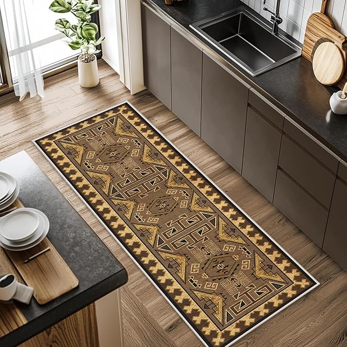 Brown Geometric Runner Rug, 2x8ft Hallway Runner Washable Rug, Corridor & Foyer High-Traffic Rugs, Indoor Durable Non-Slip Mat, Vintage Southwestern Decorative Home Carpet