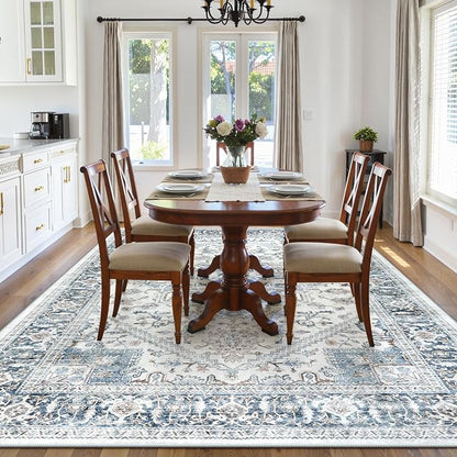 LIVEBOX Washable Area Rug 8x10 - Large Blue Vintage Tribal Living Room Rug Oriental for Bedroom, Non-Slip Retro Medallion Carpet Print Distressed for Dining Room Guest Office