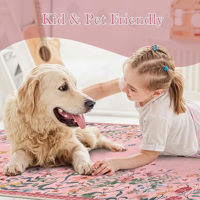 Wonnitar Washable 4x6 Rug, Pink Rugs for Girls Bedroom, Soft Non-Slip Nursery Area Rug, Floral Rugs Kids Room Low Pile Throw Carpet for Dorm Decor (Pink,4'x6')