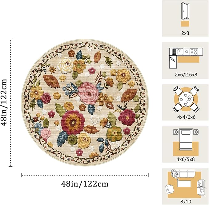 4ft Round Machine Washable Area Rug for Living Room, Beige Vintage Boho Floral Rug Large Non-Slip Low Pile Soft Faux Wool Carpet, Kids and Pets Friendly for Bedroom Nursery Farmhouse Home Decor Rug