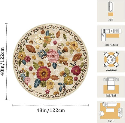 4ft Round Machine Washable Area Rug for Living Room, Beige Vintage Boho Floral Rug Large Non-Slip Low Pile Soft Faux Wool Carpet, Kids and Pets Friendly for Bedroom Nursery Farmhouse Home Decor Rug