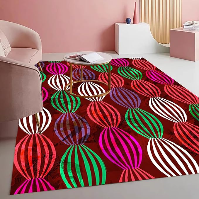 Bohemian Pop Art Striped Balloon Pattern Rug for Living Room Bedroom Nursery Room Dining Room Home Office Study Room Vibrant Red and Green Kitchen Hallway Indoor Washable Area Carpet 5x7