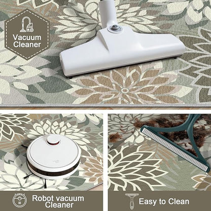 3x5 Washable Rug for Living Room Tropical Botanical Modern Floral Chenille Area Rugs Low Pile Non Slip Carpet for Patio, Bedroom, Laundry, Taupe