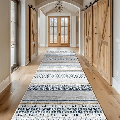 BESTSWEETIE 2x10 Area Rugs for Living Room Washable Moroccan Farmhouse Neutral Geometric Low Pile Non-Slip Soft Print Pattern Rug for Bedroom Kitchen Dining Room Entryway Blue/Brown