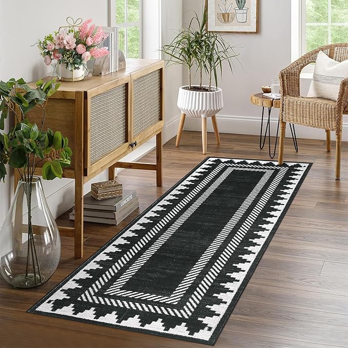 Modern Geometric Bordered 2×6 Non Slip Low Pile Runner Rugs for Kitchen Hallway Modern Stain Resistant Soft Indoor Carpet Foldable Machine Washable Non Shedding Bedroom Dining Room Rug, Black