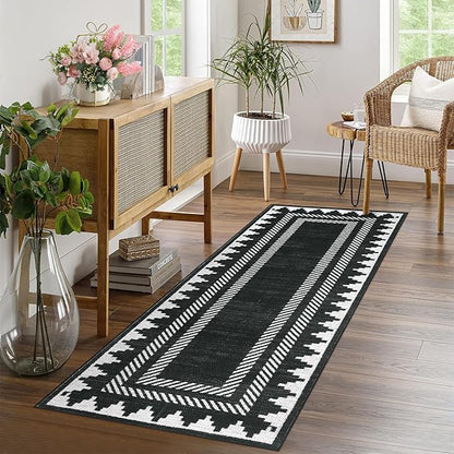 Modern Geometric Bordered 2×6 Non Slip Low Pile Runner Rugs for Kitchen Hallway Modern Stain Resistant Soft Indoor Carpet Foldable Machine Washable Non Shedding Bedroom Dining Room Rug, Black