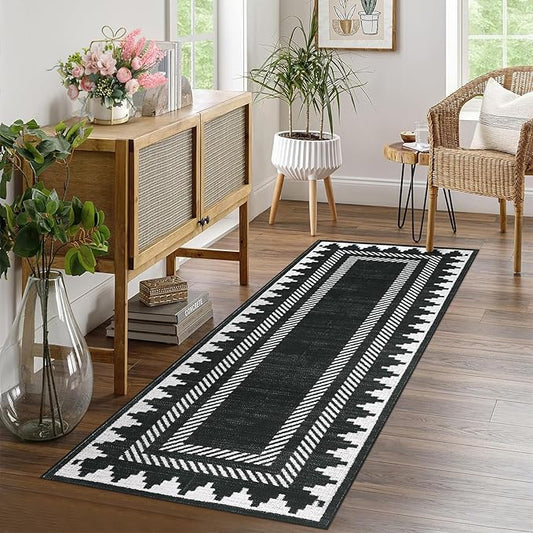 Modern Geometric Bordered 2×6 Non Slip Low Pile Runner Rugs for Kitchen Hallway Modern Stain Resistant Soft Indoor Carpet Foldable Machine Washable Non Shedding Bedroom Dining Room Rug, Black
