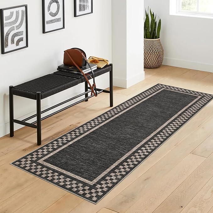 GarveeHome Runner Rug 2x6 for Kitchen Non Slip Washable Hallway Runner Rugs Modern Bordered Bathroom Throw Mat Soft Non Shedding Checkered Runners Geometric Area Rug for Bedside Living Room, Black