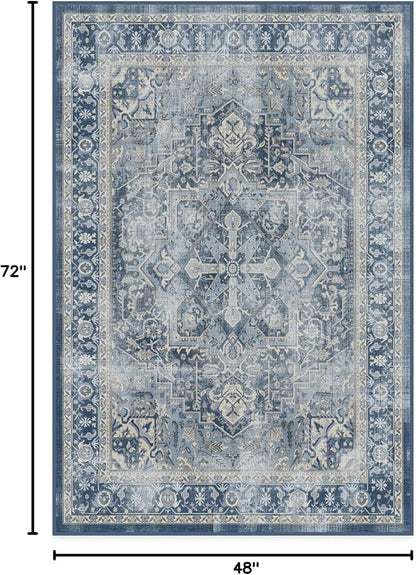 RUGGABLE Washable Area Rug – Kamran Admiral Blue 4x6, Stain-Resistant, Non-Slip – Medium Machine Washable Rugs for Living Room, Bedroom, Hallway, Entryway & Office–with Cushioned Pad