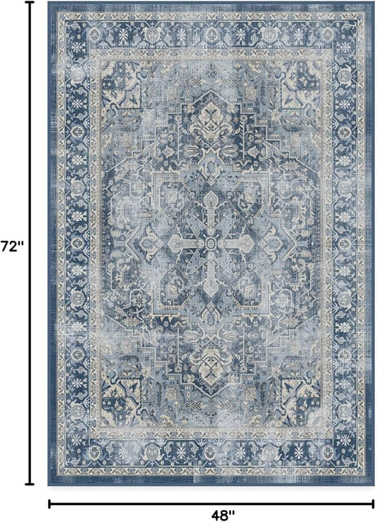 RUGGABLE Washable Vintage Area Rug – Kamran Admiral Blue 4x6, Stain-Resistant, Non-Slip – Medium Machine Washable Rugs for Living Room, Bedroom, Hallway, Entryway & Office–with Standard Pad