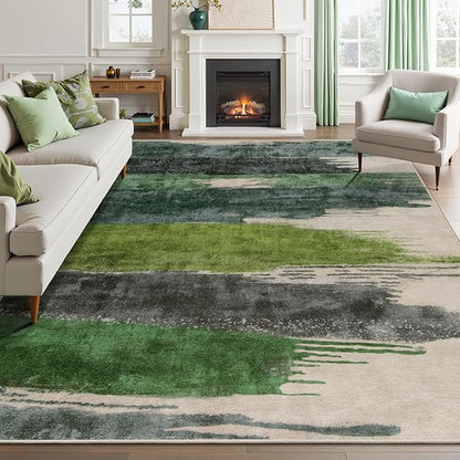 Ciicool Modern Abstract Rug for Living Room, 5'x7' Machine Washable Area Rug Non-Slip Rug, Low-Pile Contemporary Indoor Dining Floor Carpet for Bedroom Office Under Table Home Decor Green