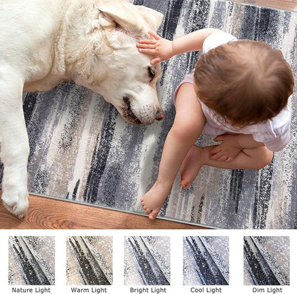 Modern Abstract 4x6 Living Room Washable Rug Non-Slip Soft Bedroom Area Rug Grey Black Multi Thin Print Faux Wool Floor Carpet Throw Rugs for Nursery Playroom Dining Room Indoor Home Decor