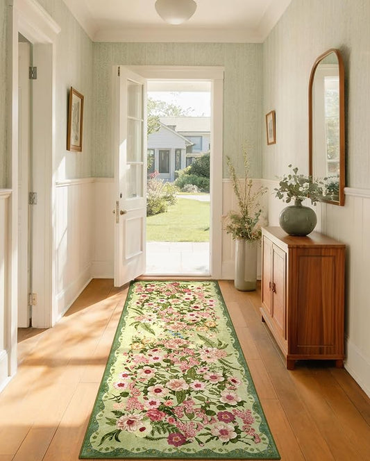 Floral Runner Rug 2x6 - Washable Vintage Bedroom Runner Rug Low Pile Non-Slip Carpet for Entryway Hallway, Laundry, Bathroom, Kitchen - Soft, Stain Resistant Indoor Area Rug - Green