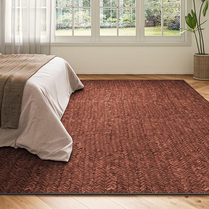 Eleisa Modern Vintage 6x9 Herringbone Chevron Area Rug for Living Room, Wine & Red, Non-Slip Stain Resistant Washable Rug, Farmhouse Home Decor Carpet for Bedroom, Kitchen, Dining Room