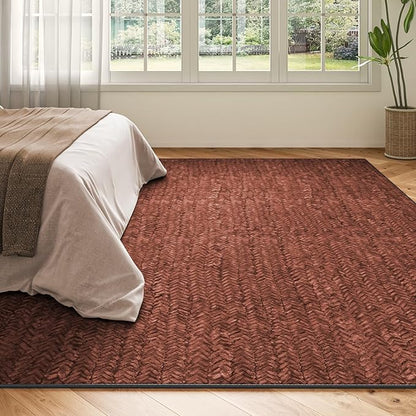 Eleisa Modern Vintage 6x9 Herringbone Chevron Area Rug for Living Room, Wine & Red, Non-Slip Stain Resistant Washable Rug, Farmhouse Home Decor Carpet for Bedroom, Kitchen, Dining Room