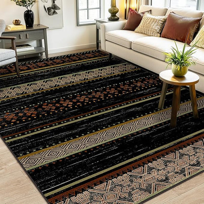 BESTSWEETIE 8x10 Area Rugs for Living Room Washable Moroccan Farmhouse Neutral Geometric Low Pile Non-Slip Soft Print Pattern Rug for Bedroom Kitchen Dining Room Entryway Black/Red/Brown/Cream/Yellow
