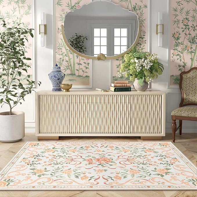 Orange Rug Bow Floral Rug 3x5, Washable Boho Area Rugs Non Slip Low Pile Carpet for Girls Room Bedroom, Bedside, Kitchen, Entryway, Kids Room, Soft Ultra-Thin Indoor Elegant Rugs