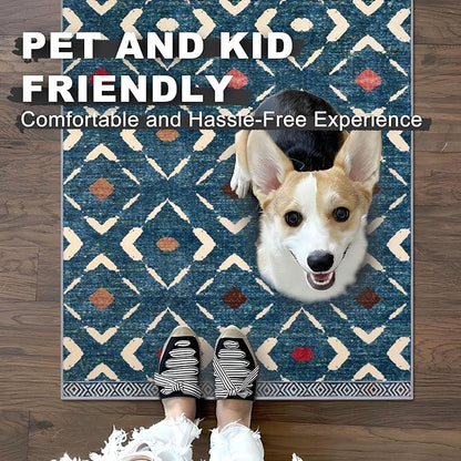 KILOCOCO Kitchen Runner Rug Washable Runner Rug Soft Hallway Runners Non Slip Printed Distressed Laundry Room Rugs, Low-Pile Runners for Entryway/Bedroom/Kitchen/Living Room, 2x5 Teal/Blue