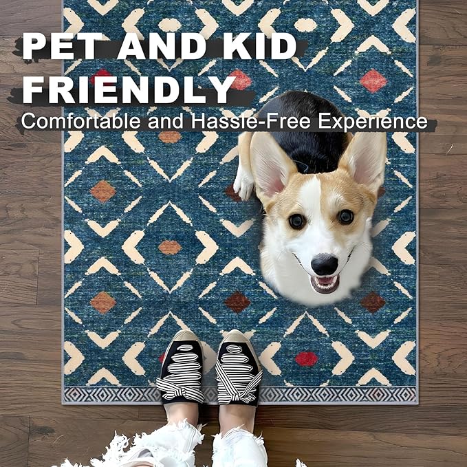 KILOCOCO Hallway Runner Rug 2.6'x8' Runners for Hallways Washable Runner Soft Non Slip Printed Geometric Low-Pile Rugs Runners for Bedroom Kitchen Living Room Boho Rugs, Teal/Blue