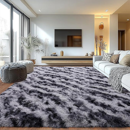 Shaggy Modern Shag Area Rug for Bedroom, Upgrade Non-Slip Plush Fluffy Carpet for Kids Room Home Decor, Plush Area Rug Tie Dye Stripes 5x7Ft