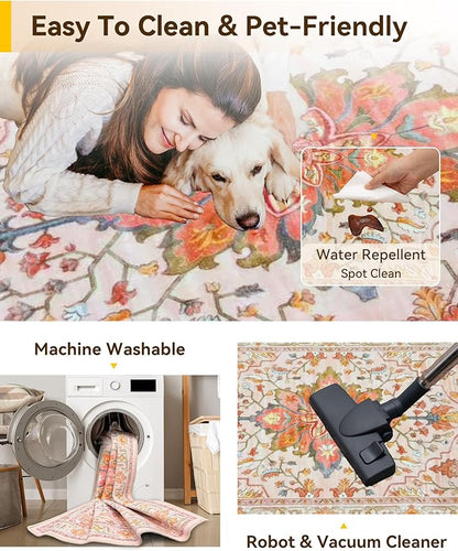 Area Rugs 8ft Washable Non-Slip, Floral Vintage Distress Print Pattern Medallion Carpet for Living Room Bedroom Dining Room, Light Pink Colorful