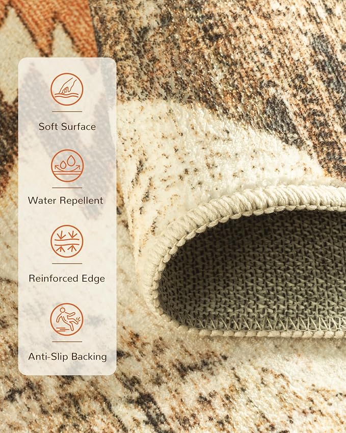 Area Rug 10x14 Rug Machine Washable Non-Slip Low Pile Print Pattern Western Rug for Living Room Bedroom Entryway Tribal Series -Cream/Camel