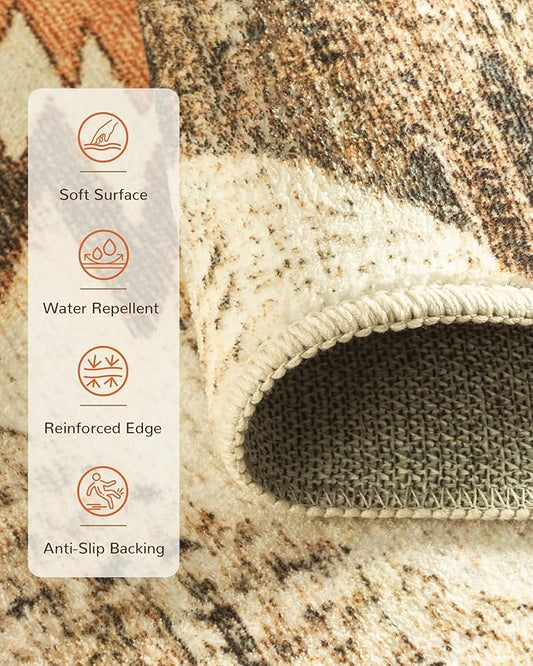 Area Rug 10x14 Rug Machine Washable Non-Slip Low Pile Print Pattern Western Rug for Living Room Bedroom Entryway Tribal Series -Cream/Camel