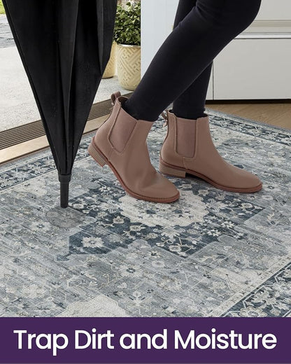 DEXI Area Rugs for Entryway 2'8"x4', Washable Low Pile Vintage Traditional Entry Rug Non Slip, Indoor Door Mat for Bedroom Kitchen Entrance Hallway, Blue Grey