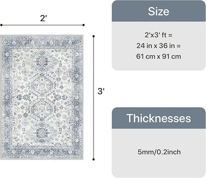 Bavni Washable Entry Rug 2x3, Non Slip Door Mat for Entryway or Kitchen, Vintage Print Low Pile Ultra Thin Indoor Rug, Light Blue