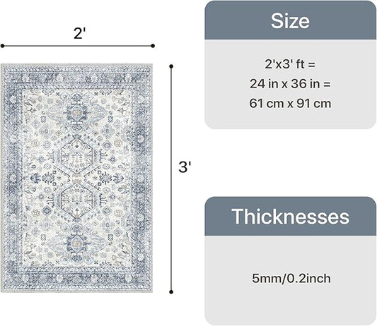 Bavni Washable Entry Rug 2x3, Non Slip Door Mat for Entryway or Kitchen, Vintage Print Low Pile Ultra Thin Indoor Rug, Light Blue