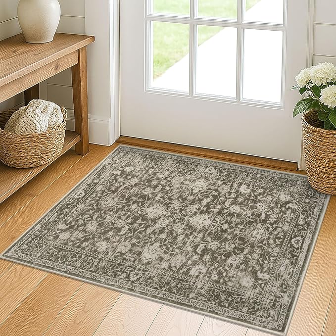 KILOCOCO Moroccan Small Area Rug 2x3 Entryway Rugs Printed Vintage Floral Washable Rug Non-Slip Kitchen Rug Indoor Door Mat, Accent Throw Small Rugs for Laundry Room Bedroom Entrance, Taupe/Green