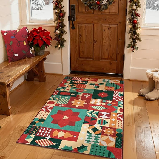 jinchan Christmas Rug 3x5 for Entryway Washable Christmas Bedroom Rug Xmas Geometric Doormat Non-Slip Soft Throw Carpet Festive Red-Green Holiday Patch Decor for Kitchen Living Room Bathroom