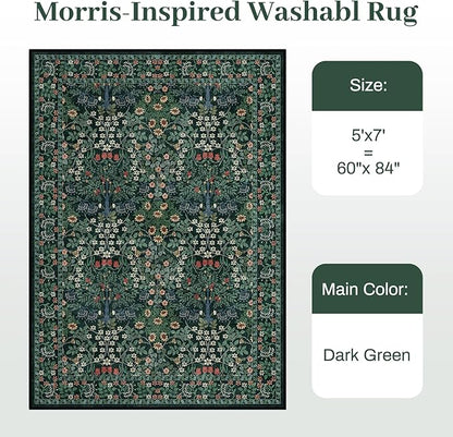 5x7 Area Rugs Living Room Rug - Floral Vintage Morris-Inspired Washable Carpet, Low Pile Non-Shedding Stain Resistance Boho Soft Carpet for Bedroom, Dining Room, Office, Farmhouse (5'x7' Dark Green)