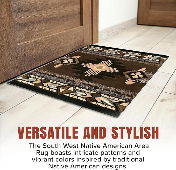YHSF South West Native American Area Rug C318 - Easy Clean, Thick, Soft, Durable Native Tribal American Indian Inspired Rug for Bedroom/Living Room and more - Chocolate Brown, 3 Feet x 4 Feet 7 Inches