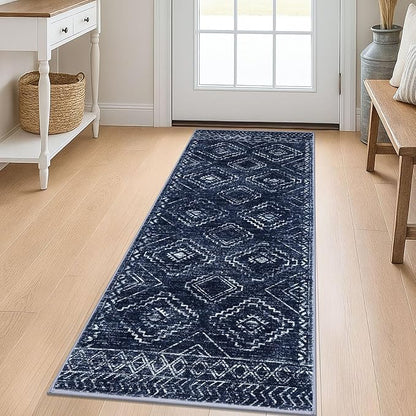 KILOCOCO Boho Kitchen Runner Rug 2x5 Washable Runner Rug, Soft Runners for Hallways Non Slip Printed Distressed Laundry Room Rugs, Low-Pile Rugs for Entryway/Bedroom/Living Room, Dark Blue