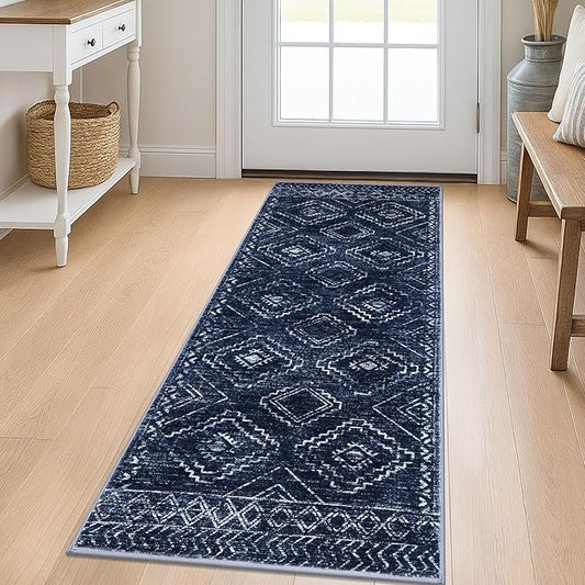 KILOCOCO Boho Kitchen Runner Rug 2x5 Washable Runner Rug, Soft Runners for Hallways Non Slip Printed Distressed Laundry Room Rugs, Low-Pile Rugs for Entryway/Bedroom/Living Room, Dark Blue