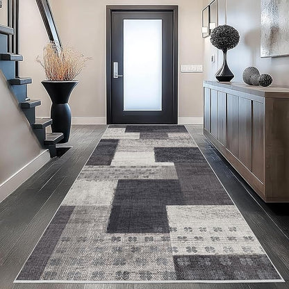 Modern Geometric Patchwork Indoor Runner Rug for Living Room, Charcoal 2.7'x 8' Rug Rockwood Collection Hardwood Floors Decor for Bedroom, Grey Throw Carpet for Office Entryway Dining Room