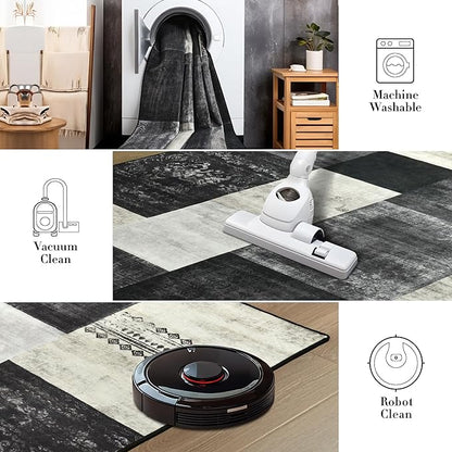 Tepook Modern Area Rug for Living Room, 5x7 Geometric Large Rugs for Bedroom, Washable Patchwork Rug Indoor Non-Slip Throw Carpets for Dining Room Office Farmhouse Home Decor, Black and White