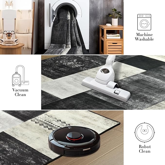 Tepook Modern Area Rug for Living Room, 4x6 Geometric Large Rugs for Bedroom, Washable Patchwork Rug Indoor Non-Slip Throw Carpets for Dining Room Office Farmhouse Home Decor, Black and White