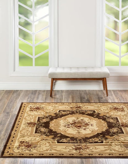 Rugs.com Chateau Collection Rug – 4 Ft Square Brown Medium Rug Perfect for Living Rooms, Kitchens, Entryways