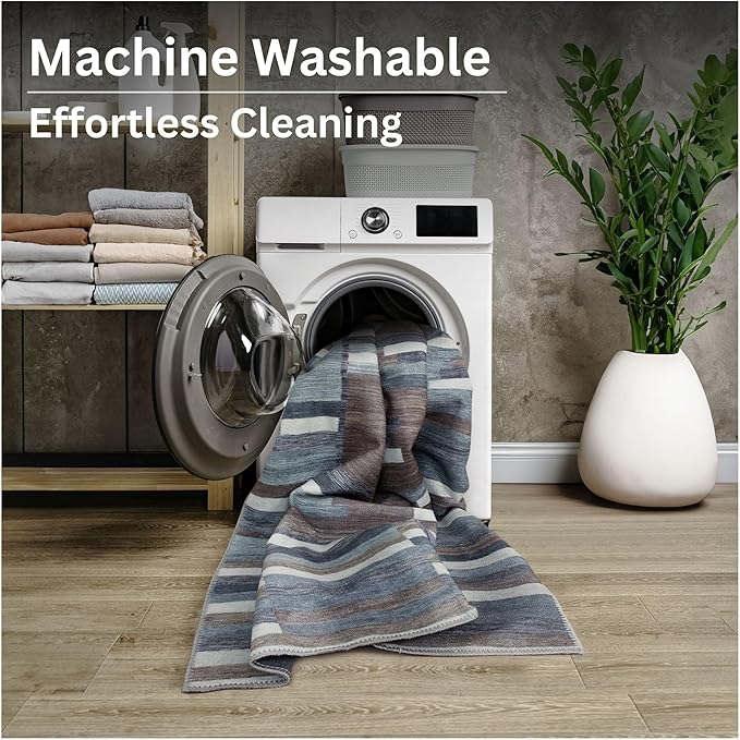 Bloom Rugs Washable Non-Slip 8' x 10' Rug - Blue/Brown Striped Area Rug for Living Room, Bedroom, Dining Room, and Kitchen - Exact Size: 8' x 10'