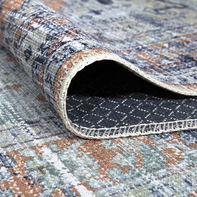Bloom Rugs Washable Non-Slip 7 ft Runner - Peach/Blue Traditional Runner for Entryway, Hallway, Bathroom, and Kitchen - Exact Size: 2.5' x 7'