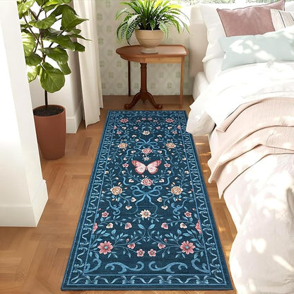 GarveeHome Washable Runner Rug 2x6 Non Slip Hallway Runners Stain Resistant Low Pile Floral Runner Rugs for Kitchen Soft Long Entryway Runner Rugs Blue Boho Throw Carpet for Bedroom Nursery, 2x6