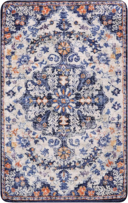 Lahome Bohemian Floral Medallion Area Rug - 3x5 Blue Soft Entryway Rug Washable Bedroom Mat, Cute Non Slip Indoor Office Carpet for Kitchen Mudroom Bathroom Coffee Table Hall Foyer